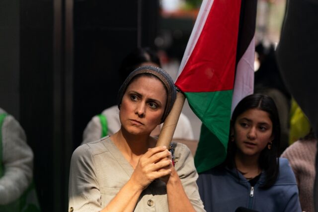 Pro-Palestinian demonstarors at a street protest against Israel in New York October 9 2023