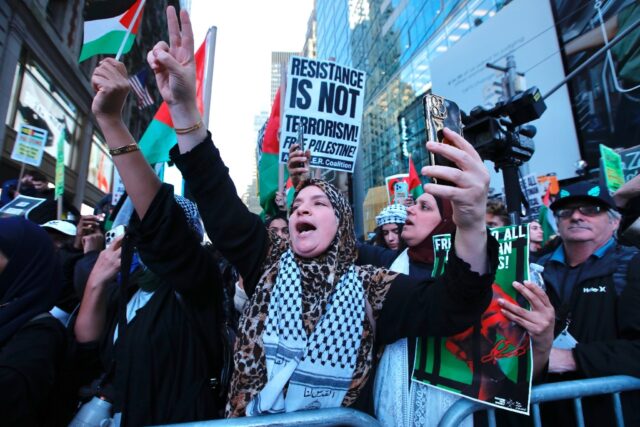 Protesters in New York call for an end to 'Israeli occupation' and the 'liberation' of Pal