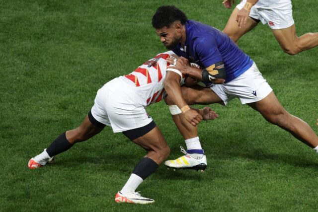 Samoa's Tumua Manu (R) will face compatriot Manu Tuilagi wearing England's colours in the