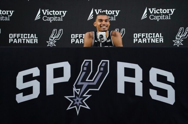 San Antonio Spurs French center Victor Wembanyama speaks at the San Antonio Spurs media da