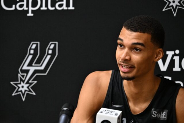 San Antonio Spurs' French forward Victor Wembanyama speaks to reporters on Tuesday ahead o