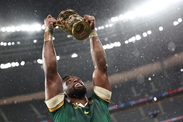 South Africa captain Siya Kolisi lifts the Webb Ellis Cup after the Springboks beat New Ze