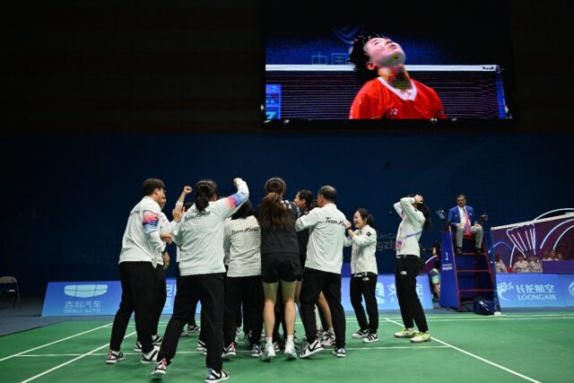 South Korea's team celebrate their victory over China