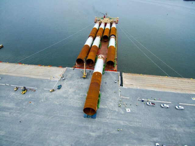 Steel monopile foundations for the Coastal Virginia Offshore Wind commercial project are o