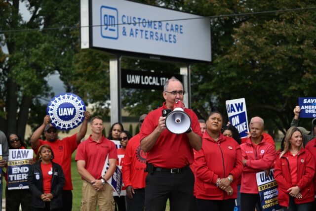 UAW President Shawn Fain addresses picketing members at a General Motors service parts ope