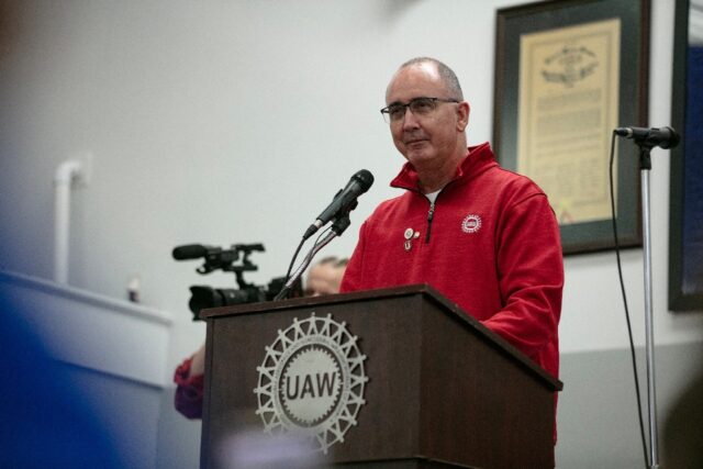 UAW President Shawn Fain, shown at a rally last weekend in Chicago, warned the union could