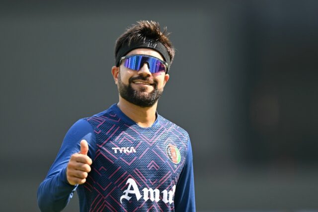 On the up: Afghanistan's Rashid Khan gestures during a practice session in Chennai on Tues