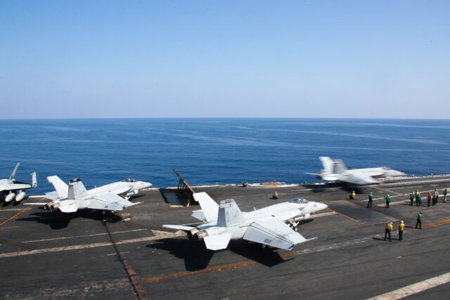 US aircraft on the world's largest aircraft carrier USS Gerald R. Ford patrol the eastern