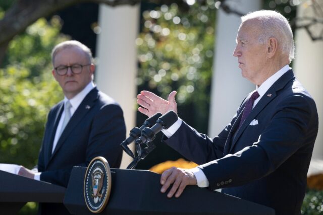 US President Joe Biden (R) speaks during a joint press conference with Australia's Prime M