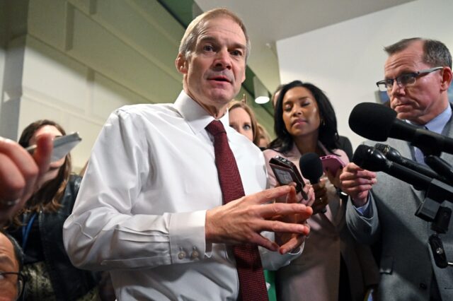 US Representative Jim Jordan (C), R-OH, speaks to the press as he leaves after a Republica