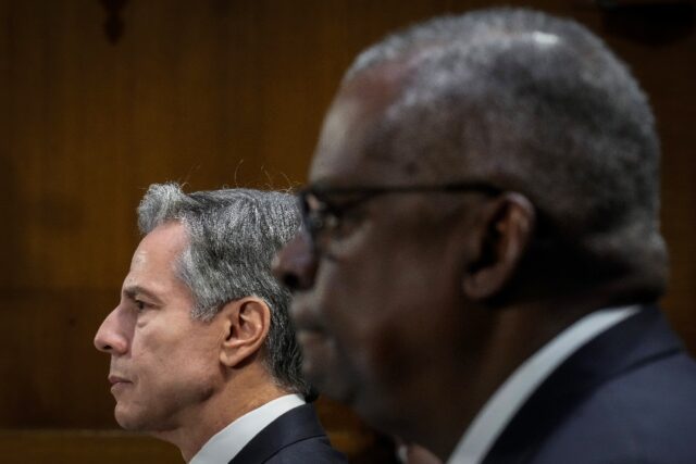 US Secretary of State Antony Blinken (R) and Defense Secretary Lloyd Austin testify during