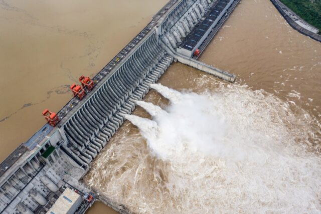 Water is released from the Three Gorges Dam, a hydropower project on the Yangtze river, in