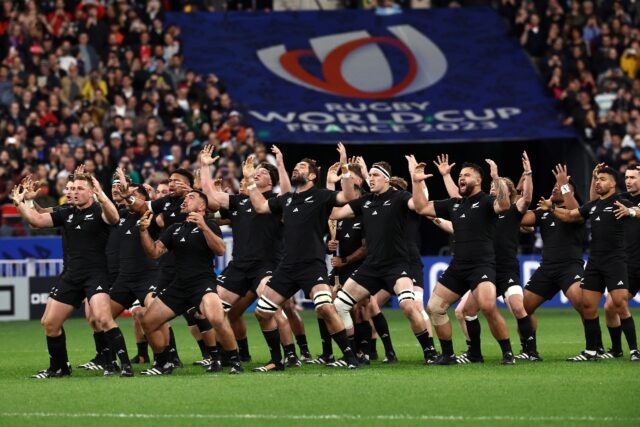 New Zealand players perform the traditional haka before the Rugby World Cup semi-final aga