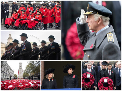 LONDON, ENGLAND - NOVEMBER 12: Britain's King Charles III salutes during the National Service of Remembrance at The Cenotaph on November 12, 2023 in London, England. Every year, members of the British Royal family join politicians, veterans and members of the public to remember those who have died in combat. …