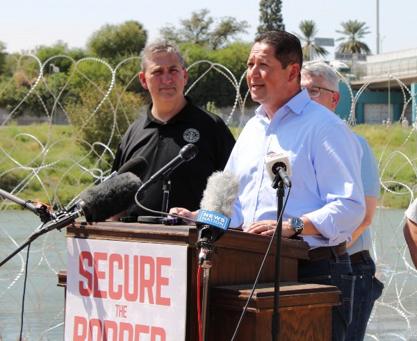 Congressman Tony Gonzales addresses reporters at the border in Eagle Pass, Texas. (Randy Clark/Breitbart Texas)