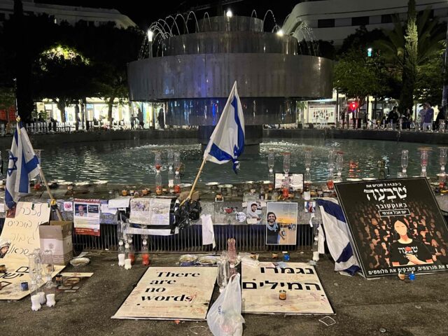 A makeshift memorial and monument to the victims and hostages of the October 7 terror atta