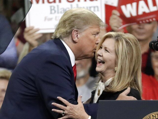 Rep. Marsha Blackburn, R-Tenn., is welcomed by President Donald Trump at a rally Monday, Oct. 1, 2018, in Johnson City, Tenn. Blackburn is a candidate for Senate. (Mark Humphrey/AP)