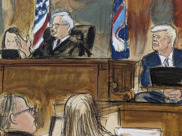 In this courtroom sketch, Judge Arthur Engoron, center, speaks to former President Donald