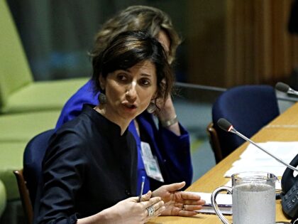 NEW YORK, USA - MAY 18: Francesca Albanese (L), delivers a speech during the UN Forum on t