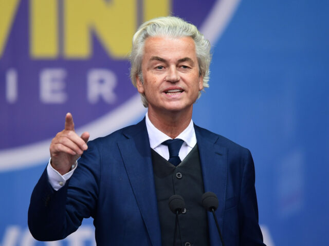 Leader of the Dutch Freedom Party (PVV) Geert Wilders delivers a speech at a rally of Euro