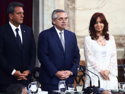Argentina's President Alberto Fernandez stands next to Vice President Cristina Fernan