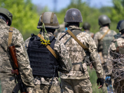 Dnipropetrovsk Oblast, UKRAINE - MAY 09: Ukrainian infantrymen train on May 09, 2022 near