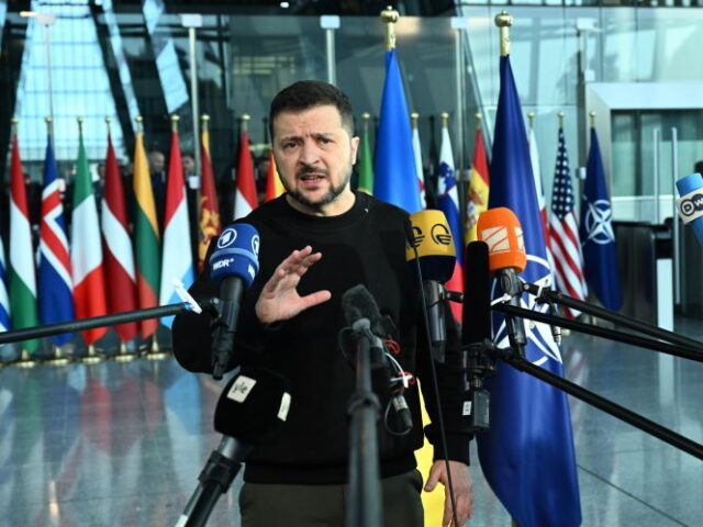 BRUSSELS, BELGIUM - OCTOBER 11: Ukrainian President Volodymyr Zelensky (L) and NATO Secret