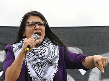 River to the Sea - Palestinian descent US Congresswoman Rashida Tlaib takes part in a demonstration organized with the attendance of multiple Jewish groups outside the Capitol Building in Washington DC, United States on October 18, 2023 to advocate for a halt in hostilities in Gaza. (Photo by Celal Gunes/Anadolu …
