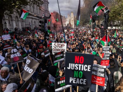 Pro-Palestinian protesters attend a rally close to Downing Street in support of the Palestinian population of Gaza on 21st October 2023 in London, United Kingdom. Mass Palestinian solidarity marches and rallies have been held throughout the UK for a second consecutive weekend to call for an end to the Israeli …