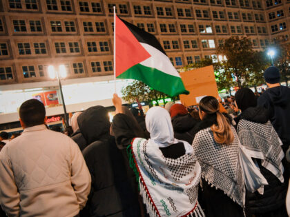 22 October 2023, Berlin: Participants in a pro-Palestine rally stand on Alexanderplatz. Fo