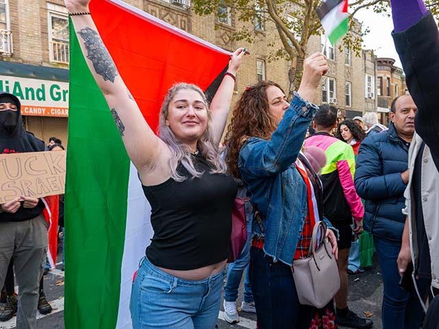 Supporters of Palestine hold a rally in the Bay Ridge neighborhood on October 21, 2023 in