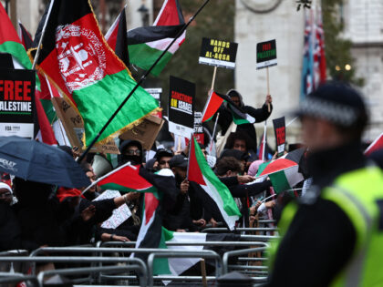 Protesters hold up placards and wave Palestinian flags at the gates of Downing Street afte