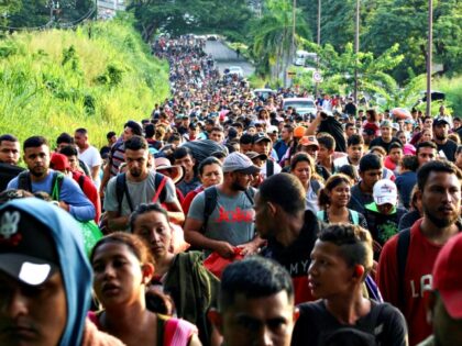 TAPACHULA, MEXICO - OCTOBER 30: Hundreds of migrants advance in a caravan to try to reach the border with the United States, in Tapachula, Mexico, on October 30, 2023. (Photo by Jose Torres/Anadolu via Getty Images)