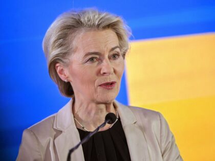 President of the European Commission Ursula von der Leyen addresses media after a meeting