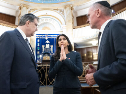 Home Secretary Suella Braverman visits the central synagogue in Vienna after laying a wreath at a plaque commemorating victims of the terror attack on 2 November 2020. Picture date: Thursday November 2, 2023. (Photo by Stefan Rousseau/PA Images via Getty Images)