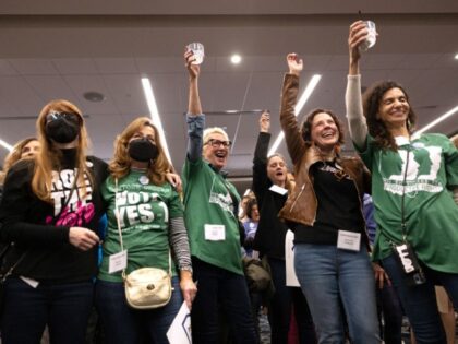 Abortion rights supporters celebrate winning the referendum on the so-called Issue 1, a measure to enshrine a right to abortion in Ohio's Constitution, in Columbus, Ohio on November 7, 2023. Residents of Ohio voted November 7, 2023 to enshrine the right to an abortion in the Republican-run US state's constitution, …