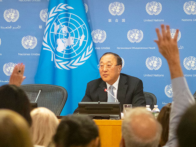 Chinese United Nations Ambassador Zhang Jun attends a news briefing at the U.N. headquarte