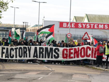 Trade unionists and protesters form a blockade outside weapons manufacturer BAE Systems in
