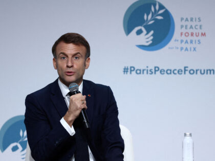 French President Emmanuel Macron gives a speech during the opening ceremony of the Paris Peace Forum at the Palais Brongniart in Paris, on November 10, 2023. Representatives from states, international organisations, businesses, development banks or NGOs are expected to attend the event, held from November 10 to 11, 2023. This …