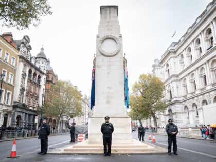 Officers from the Metropolitan Police on duty beside the Cenotaph in Whitehall, central Lo