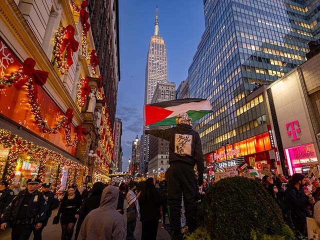 A protester waves a Palestinian flag as others march past during a student walkout calling