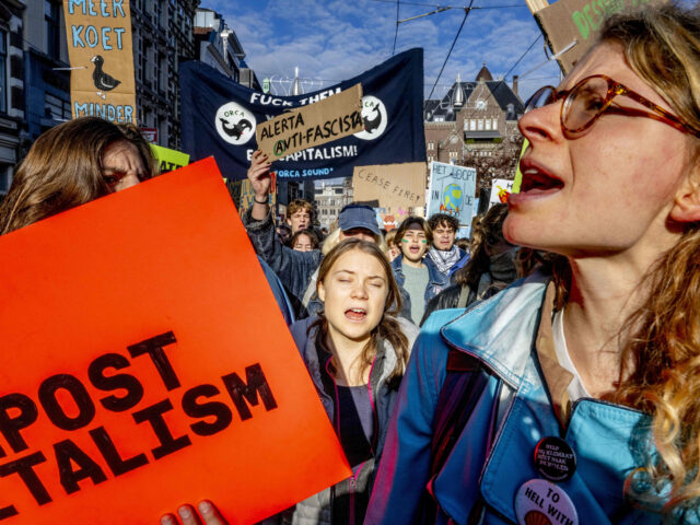 Climate activists, including Swedish climate activist Greta Thunberg (C) march during a ra