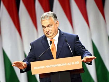 Hungary's Prime Minister Viktor Orban gives his speech in Hungexpo Fair and Exhibition Centre of Budapest on November 18, 2023, after he was re-elected leader at the congress of the governing right-wing Fidesz party. (Photo by Attila KISBENEDEK / AFP) (Photo by ATTILA KISBENEDEK/AFP via Getty Images)