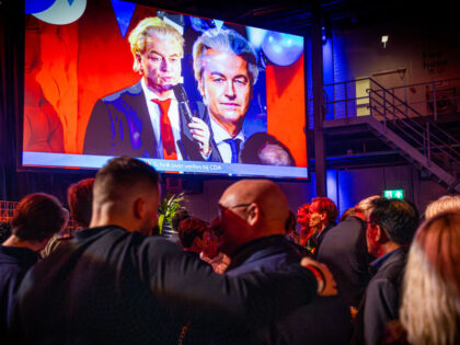 THE HAGUE, NETHERLANDS - NOVEMBER 22: A screen showing PVV leader Geert Wilders is seen at the VVD election night gathering at the Fokker Terminal during the 2023 Dutch General Election on November 22, 2023 in The Hague, Netherlands. Voters in the Netherlands went to the polls on 22 November …