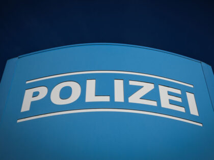 28 November 2023, Brandenburg, Walsleben: A blue sign with the word "Polizei" ("Police") on it stands next to the entrance to the highway police station. Photo: Soeren Stache/dpa (Photo by Soeren Stache/picture alliance via Getty Images)