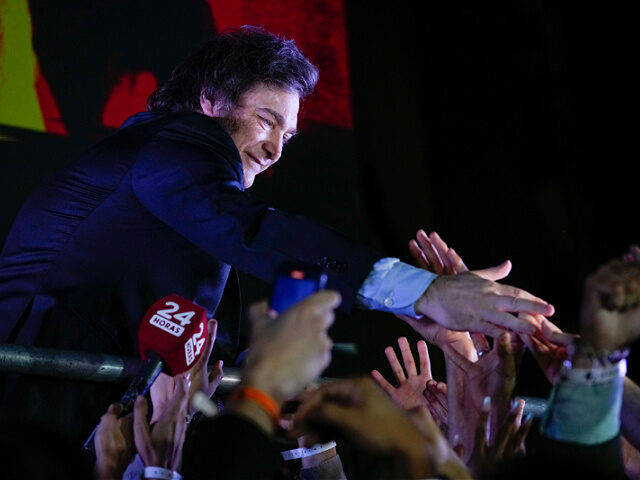 Presidential candidate of the Liberty Advances coalition Javier Milei greets supporters ou