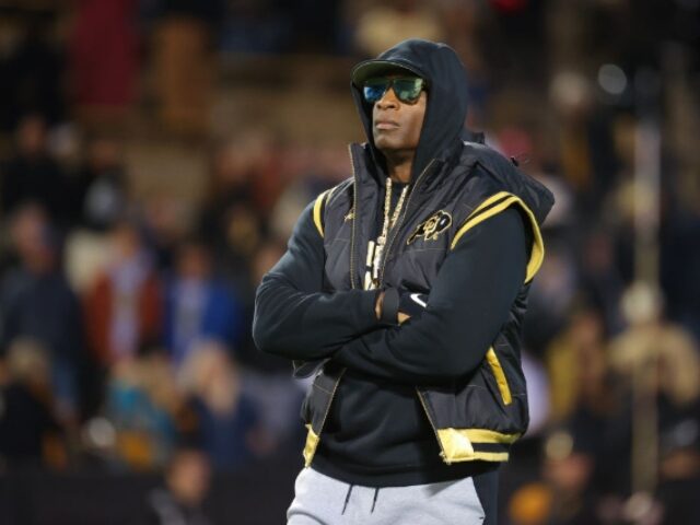 BOULDER, COLORADO - OCTOBER 13: Head coach Deion Sanders of the Colorado Buffaloes watches his team during warm ups before taking on the Stanford Cardinal at Folsom Field on October 13, 2023 in Boulder, Colorado. (Photo by Justin Tafoya/Getty Images)