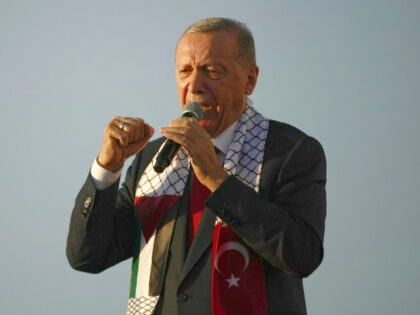 Turkish President Recep Tayyip Erdogan speaks to the attendees during a rally to show their solidarity with the Palestinians, in Istanbul, Turkey, Saturday, Oct. 28, 2023. (Emrah Gurel/AP)
