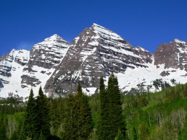 WHITE RIVER NATIONAL FOREST, CO - JUNE 10, 2017: The Maroon Bells near Aspen, Colorado, a