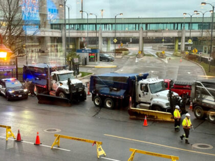 Vehicles block the Rainbow Bridge border crossing into the US in Niagara Falls, Ontario, a